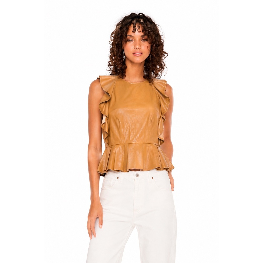 Alice McCall 100% Leather Ruffle Peplum Open Back Top Tan Size 2